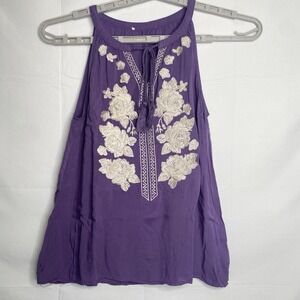 Purple‎ & White Sleeveless Embroidered Boho Peasant Relaxed Shirt Sz M